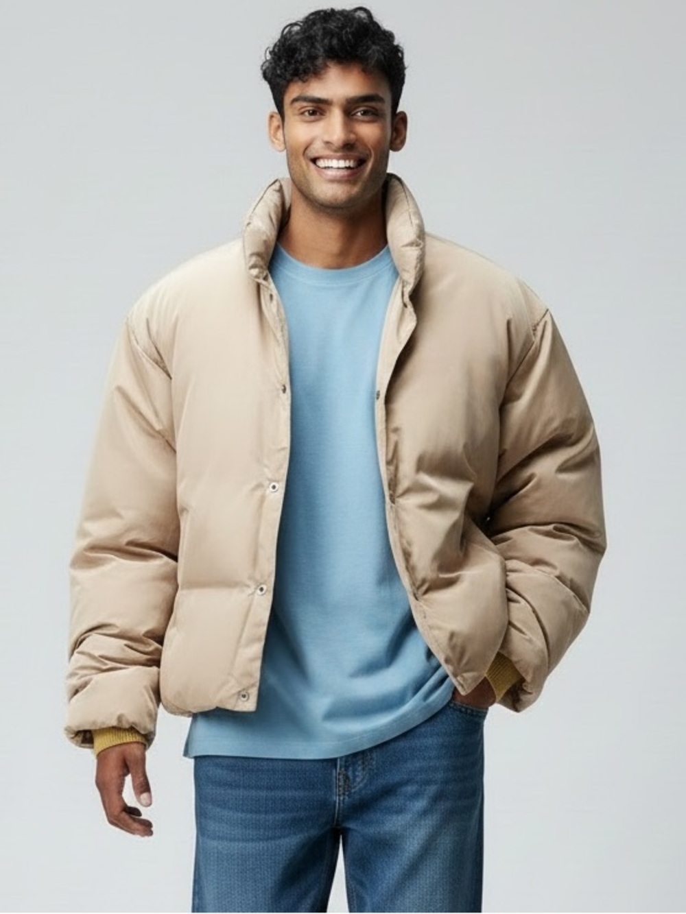 PacSun Men’s Oversized Cropped Puffer Jacket Taupe Beige Size M